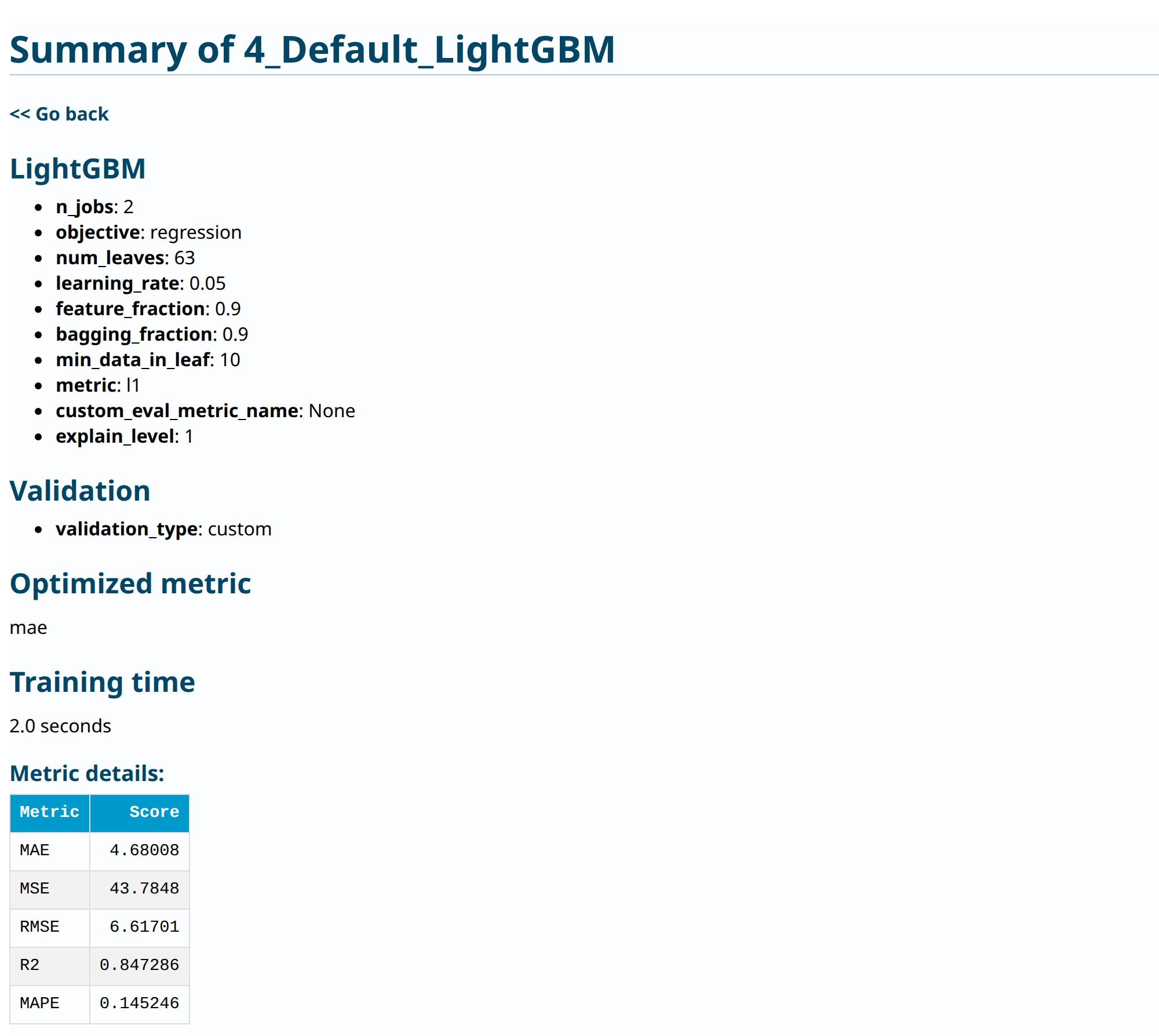 Actual LightGBM report showing model settings, custom validation, and metric details including MAE 4.68008 MPa.